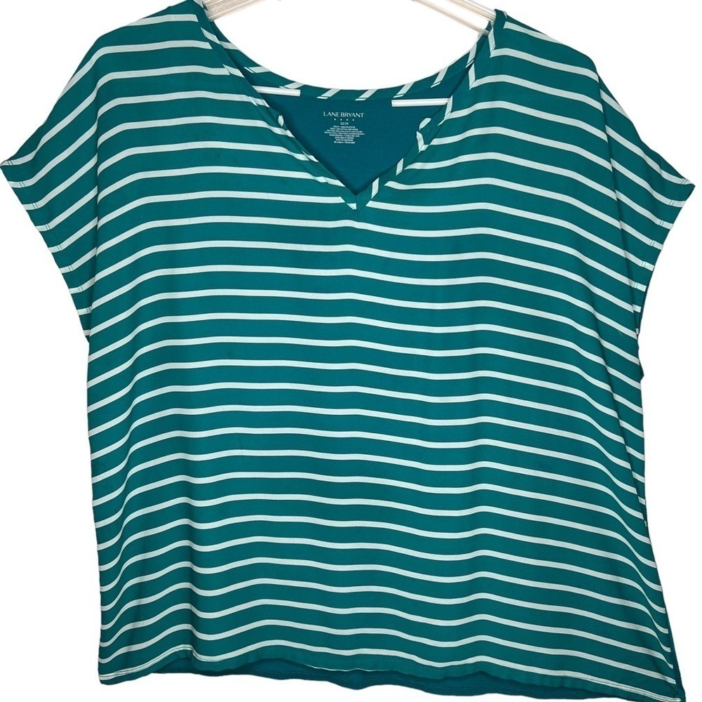 Lane Bryant Women’s Teal White Striped Front Short Cap Sleeve Top Size 22 24 3X